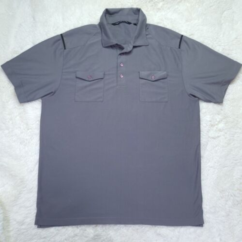 Travis Mathew Polo Shirt XL Gray Golf Short Sleeve Collared With Purple Buttons